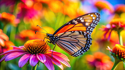 A graceful butterfly resting on a vibrant flower petal, its delicate wings fluttering gently in the breeze.