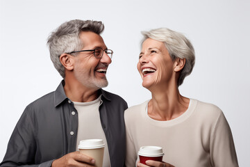 Middle aged couple over isolated white background holding a take away coffee