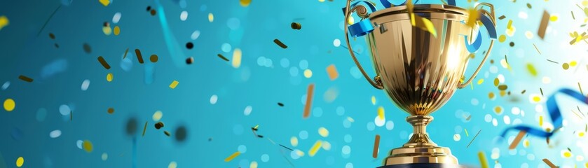 A golden trophy on a pedestal with blue and gold ribbons swirling around it, set against a vibrant blue background with confetti falling