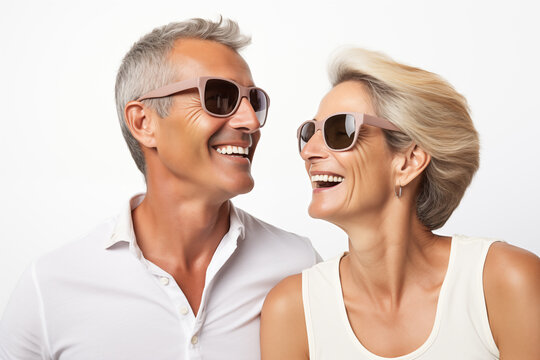 Middle Aged Couple Over Isolated White Background With Sunglasses