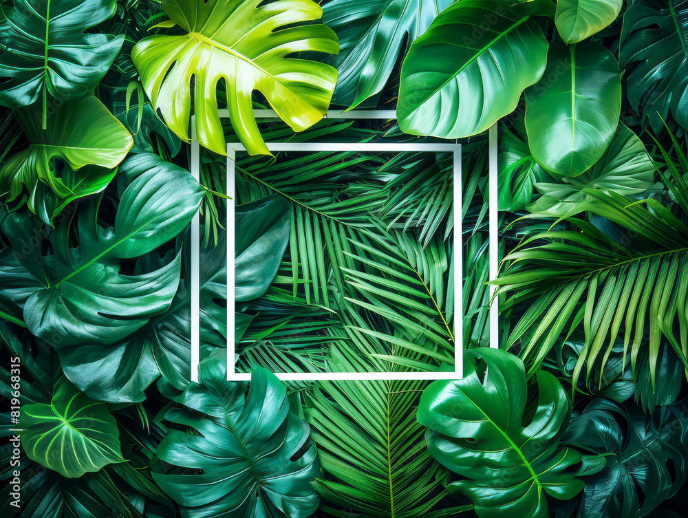 Poster overlapping tropical leaves with a white frame for mockup against a lush green background, embodying