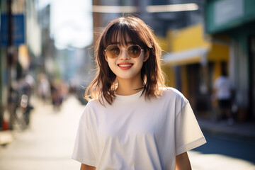 Fototapeta premium Teen pretty Japanese girl at outdoors with sunglasses