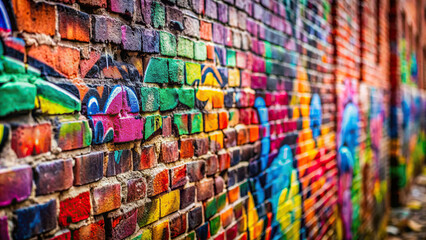 A close-up shot of graffiti tags on a weathered brick wall, showcasing the raw energy and rebellious spirit of street art