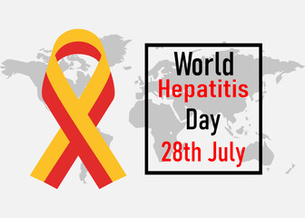 Hepatitis ribbon on the background of the world map, World Hepatitis Day. Illustration on a white background