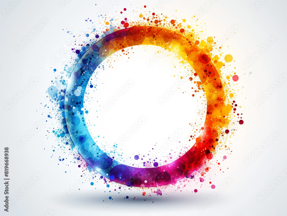 Poster abstract colorful circular design with paint splatters on a white background, ideal for modern brand