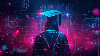 Graduation party invite, front view, Highlights academic achievement, cybernetic tone, Triadic Color Scheme, 4k