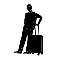 man standing with suitcase silhouette on white background vector