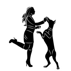 woman playing with dog silhouette on white background vector