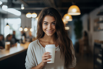 Young pretty brunette girl at indoors holding a take away coffee