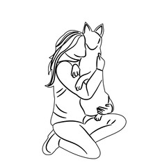 woman hugging dog sketch on white background vector