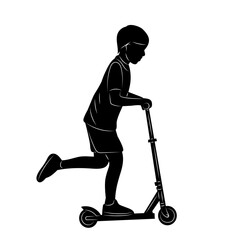 boy riding a scooter silhouette on a white background vector