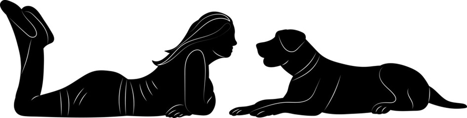 woman and dog lie silhouette on white background vector