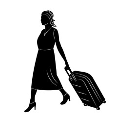 woman walking with suitcase silhouette on white background vector