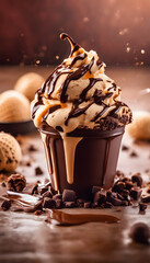 A decadent dessert featuring a chocolate cup filled with vanilla ice cream, drizzled with caramel and chocolate sauce, and topped with chocolate chunks. Ice Cream Month.