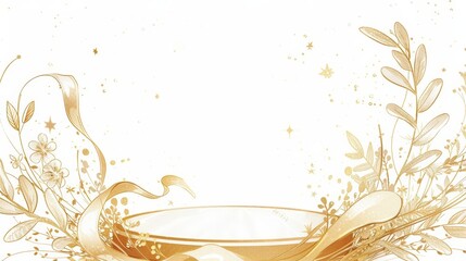 A sketch illustration of a golden podium with laurel wreaths, a ribbon, and sparkles, all drawn in fine lines and shading, on a white background