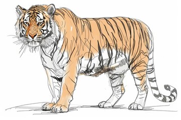 Obraz premium A sketch illustration of a tiger on a white background, capturing the elegance and power of the animal with detailed line work and shading
