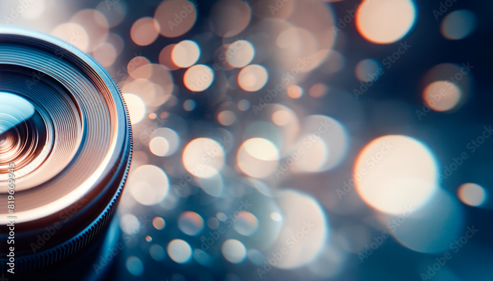 Poster close-up of a camera lens with bokeh lights in the background, concept of photography equipment. gen