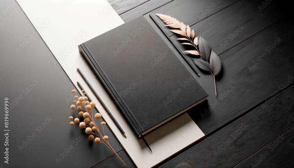 Poster an elegant black notebook, with blank pages and stylus, accompanied by decorative feathers on a dark