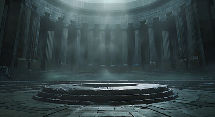 A cinematic still of an empty, dark circular stone platform in the center of a large roman hall with tall pillars and dramatic lighting