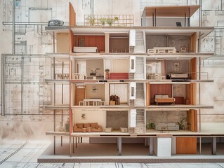 Detailed architectural model of a modern multi-story building with interior rooms, set against blueprint background.