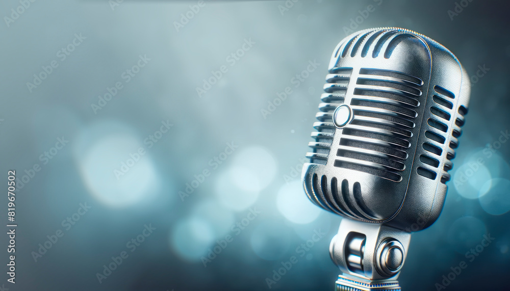 Poster a vintage microphone on a blurred background with bokeh lights, ideal for branding and presentation 