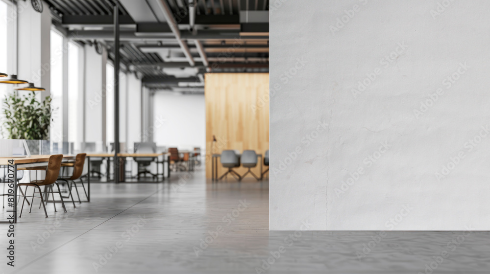 Poster a modern interior of a cafe with wooden tables and chairs, and an empty wall for mockups on the righ