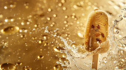 Rum raisin ice cream on a stick on a monochromatic gold background with water droplets splashing around