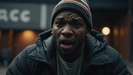 a man in a hat on the street with his mouth open and his face expressing emotions