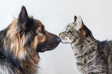 A dog and cat touching noses affectionately capturing the bond between different species against a white background