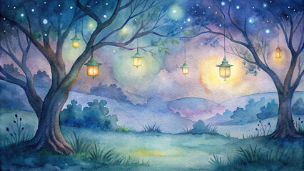 Peaceful watercolor scene capturing the serenity of a tranquil meadow at twilight, where fireflies dance amidst the soft glow of lanterns hung from the branches of ancient trees