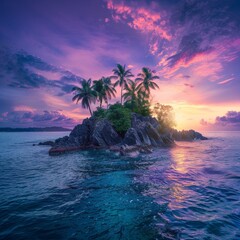 A small island with palm trees and a beautiful sunset in the background