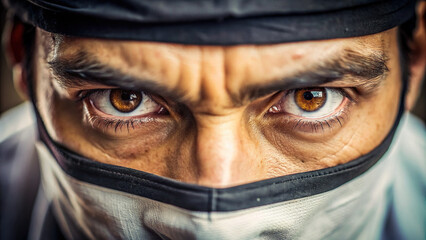 A close-up of a serious martial artist's eyes, exuding focus and determination as they engage in combat training
