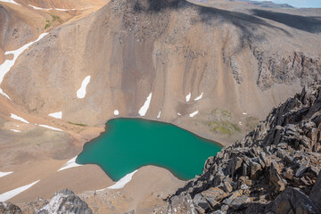 Dizzying view from above to green alpine lake among sharp rocks and sheer crags in sunlight. Dizzy...