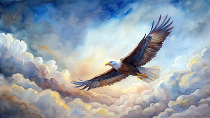 A majestic eagle soaring high in the sky, with its wings spread wide against a backdrop of fluffy white clouds.
