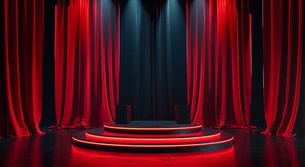 Black podium with red curtains in the background Stage for an award ceremony, cinema or theater show or background of an empty stage with a black circular platform and red curtain