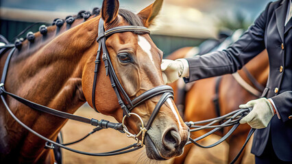 Macro shot of a serious equestrian's hands holding the reins with control and determination, guiding the horse through a challenging course 