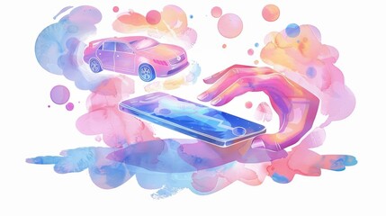 A watercolor clipart on a white background depicting hands typing on a laptop with a cute, blue checkmark and whimsical, pastelcolored documents floating around