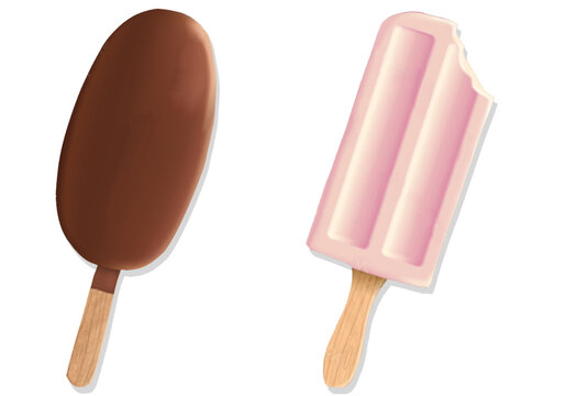 Ice cream on a stick. Chocolate and cream and strawberry popsicle. Summer sweet cold desserts realistic 3d vector illustration set. ideal for stickers, scrapbooking, sublimation, decoration - icons