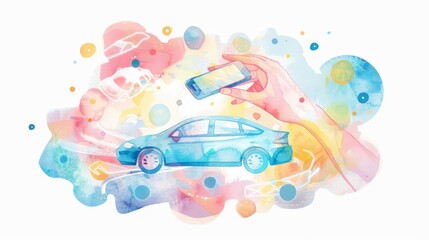 Naklejka premium A watercolor clipart on a white background depicting hands typing on a laptop with a cute, blue checkmark and whimsical, pastelcolored documents floating around