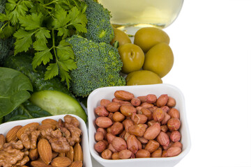 Green vegetables, nuts and oil. Healthy Eating.