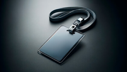 A blank lanyard ID badge mockup on a dark background, ideal for branding and identity presentation. Generative AI