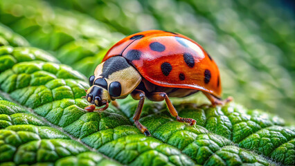 Close-up of a ladybug crawling on a green leaf, with focus on intricate patterns