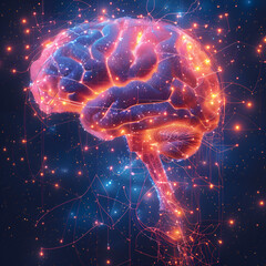 Menschliches Gehirn mit leuchtenden Synapsen, made by AI