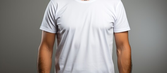 photo of man in stylish plain white t-shirt on white background, Mockup for design