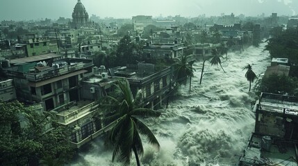 A cyclone makes landfall, bringing heavy rains and strong winds that batter buildings and trees.
