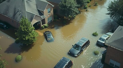 Floodwaters inundate a neighborhood, submerging homes and vehicles as residents seek higher ground.