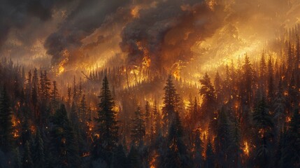 A raging wildfire spreads rapidly through a forest, engulfing trees and sending plumes of smoke into the sky.