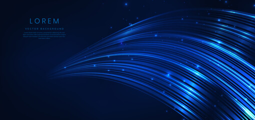 Abstract technology futuristic glowing blue light lines with speed motion blur effect on dark blue background.