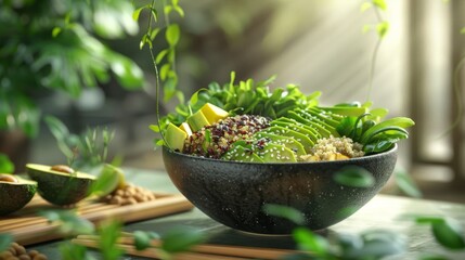 Fresh salad bowl with avocado, quinoa, and vegetables on a wooden table.