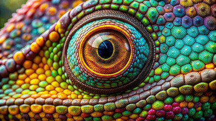 Detailed close-up of a colorful chameleon's eye, showing its unique pattern and captivating gaze.
